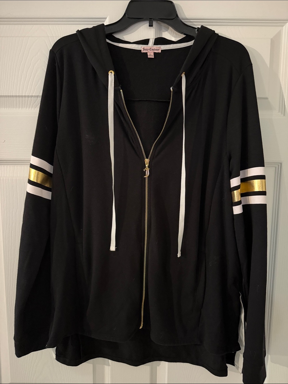 Juicy Couture Black Zip Hoodie with Gold and White Sleeve Stripes